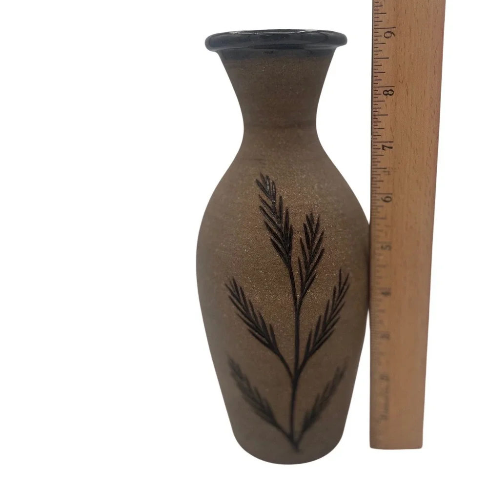 Earth Ware Pottery Vase Signed Fossil Plant Pattern Large Brown‎ Color